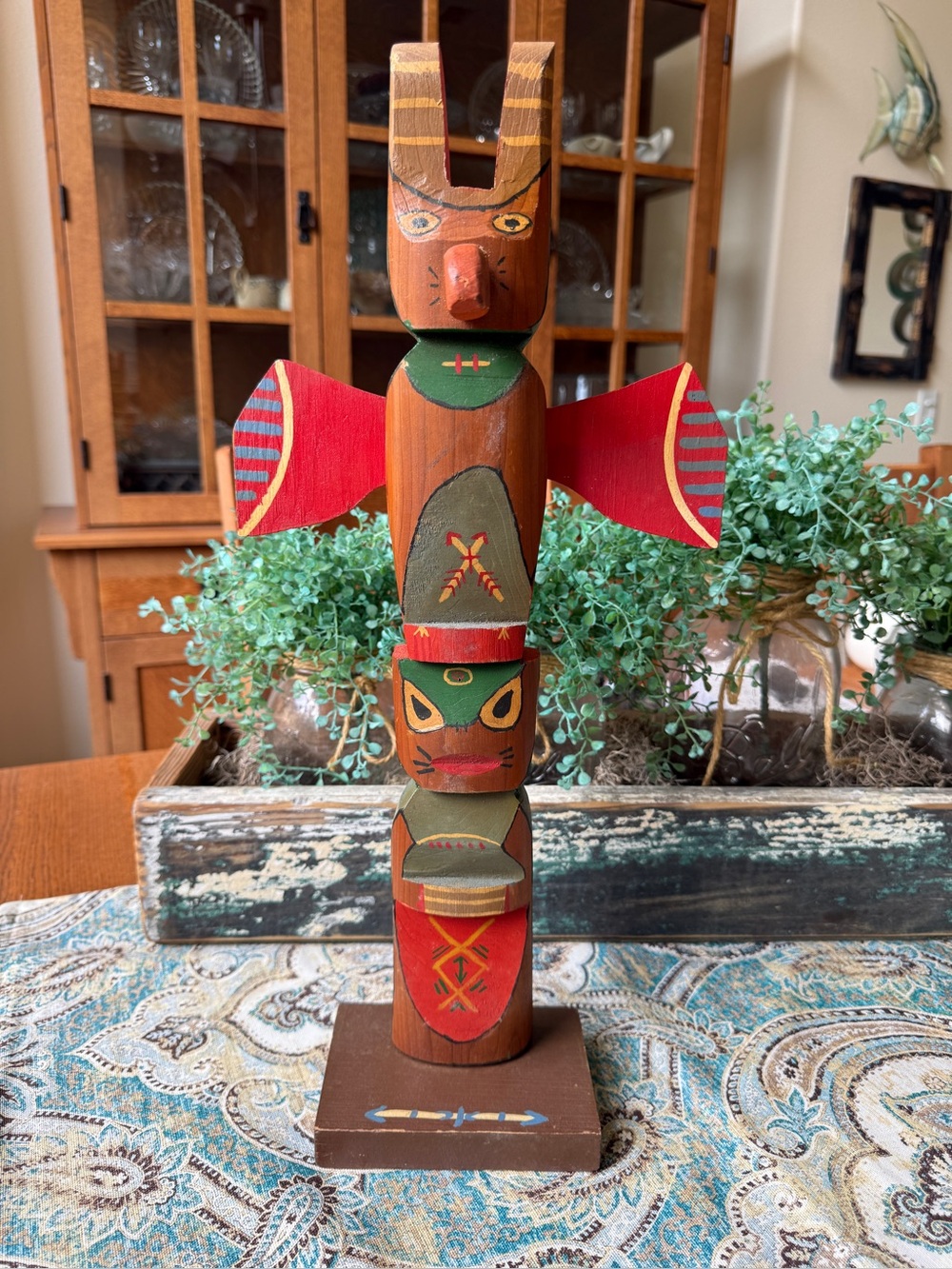 Hand Carved Wooden Totem Pole Vintage Folk Art Sculpture Native Style 16 Inch